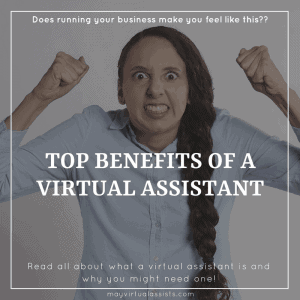 upset young woman with long braid and an overlay with top benefits of a virtual assistant