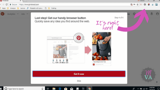 Pinterest Chrome extension install page with pink arrow pointing to extension spot by address bar saying, "It's right here"