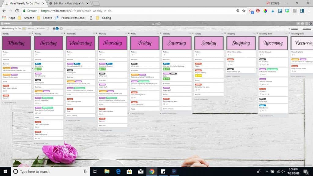 Trello Board with Weekly activities listed