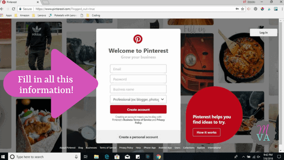 Pinterest business page sign up with an arrow saying fill in all this information