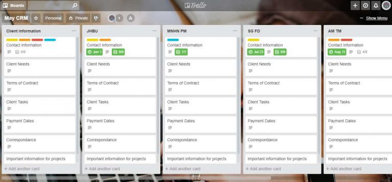 Trello Board with lists that include contact information, client needs, contract terms, and other business information